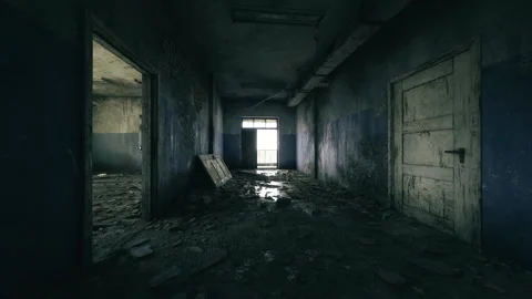 Dim corridor scene. Desolate hallway bathed in faint light and debris Stock Footage 340351140