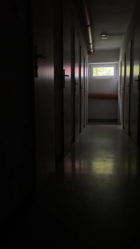 Dim corridor scene. Serene passage illuminated by faint window light Stock Footage 335354926