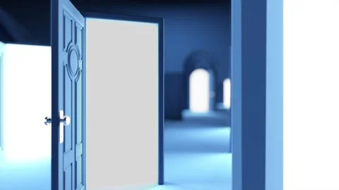 In a dim expanse, multiple doors light up, representing Web 3.0 and Metaver.. Stock Footage 252732181