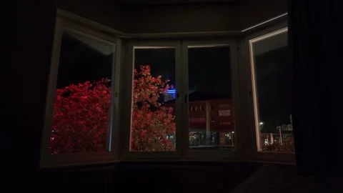 Dim Interior View through Bay Windows onto Red Trees and City Lights Vidéo 347682329
