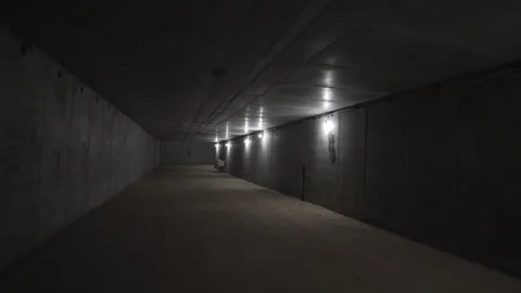 Dim lighting guides pedestrians through narrow underpass Stock Footage 310229672