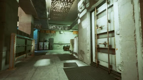 Dim maintenance corridor with potted plant, industrial utility bay Stock Footage 327611772