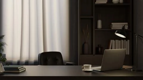 Dim modern office workspace with laptop and coffee cup on table and leather.. 스톡 일러스트