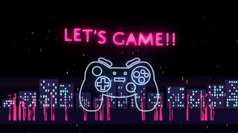 Dim outline causing pad rising LET'S GAME!! neon glowing over pulsing city Stock Footage 338356347