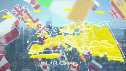 Dim skyline appearing 3D yellow map of Europe fading linking nodes and flags Stock Footage 337905044
