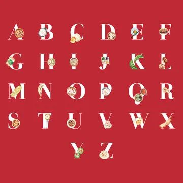 Dim sum alphabet design with spring roll, dumpling watercolor illustration. Stock Illustration