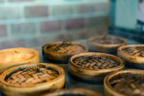Dim sum in bamboo steamer chinese cuisine. Stock Photos