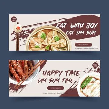 Dim sum banner design with dumpling, braised pork watercolor illustration. Stock Illustration