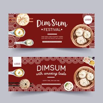 Dim sum banner design with dumpling, steamed bun watercolor illustration. Stock Illustration