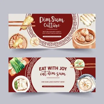 Dim sum banner design with dumpling, steamed bun watercolor illustration. Stock Illustration