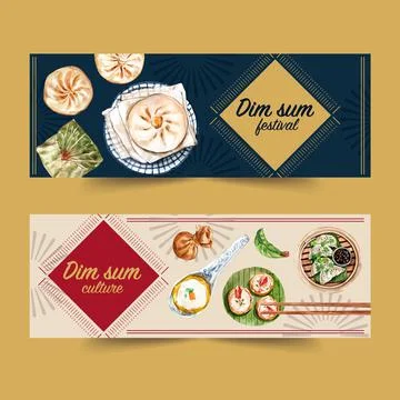 Dim sum banner design with dumpling watercolor illustration. Stock Illustration