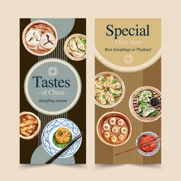 Dim sum flyer design with spring roll, dumpling watercolor illustration. Stock Illustration