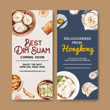 Dim sum flyer design with spring roll, steamed bun watercolor illustration. Stock Illustration