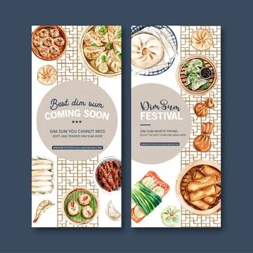 Dim sum flyer design with spring roll, dumpling watercolor illustration. Stock Illustration