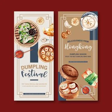 Dim sum flyer design with tofu, steamed bun watercolor illustration. Stock Illustration