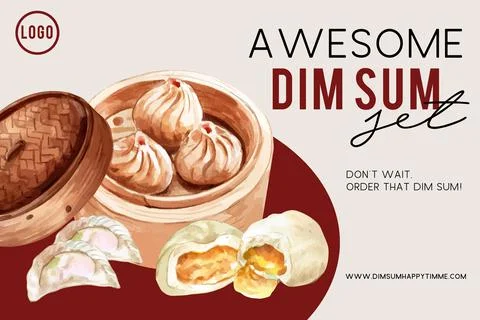 Dim sum frame design with dumpling, steamed bun watercolor illustration. Stock Illustration