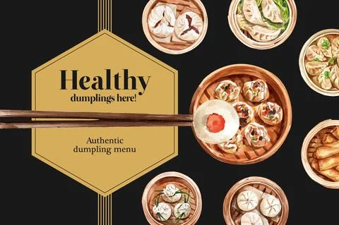 Dim sum frame design with dumpling, steamed bun watercolor illustration. Stock Illustration