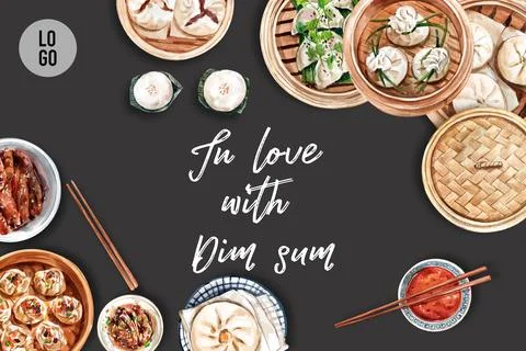Dim sum frame design with dumpling, steamed bun watercolor illustration. Stock Illustration