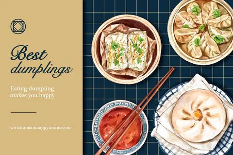 Dim sum frame design with dumpling watercolor illustration. Stock Illustration