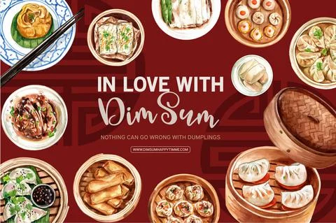 Dim sum frame design with spring roll, dumpling watercolor illustration. Stock Illustration