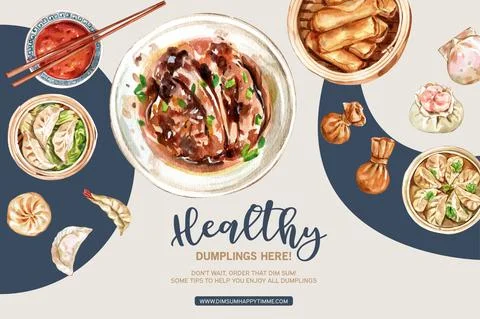 Dim sum frame design with spring roll, braised pork watercolor illustration. Stock Illustration