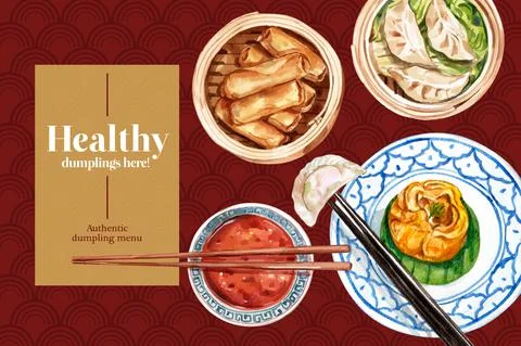 Dim sum frame design with spring roll watercolor illustration. Stock Illustration