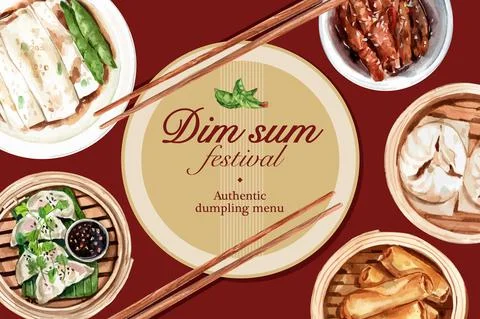 Dim sum frame design with spring roll, dumpling watercolor illustration. Stock Illustration