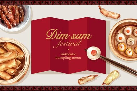Dim sum frame design with tofu, dumpling watercolor illustration. Stock Illustration