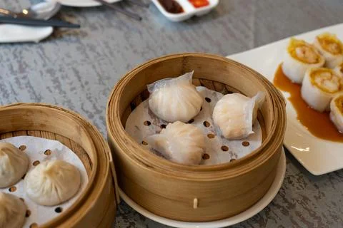 Dim SUm Including Stream Pork Dumpling and Shrimp Dumpling Served on Table .. Stock Photos