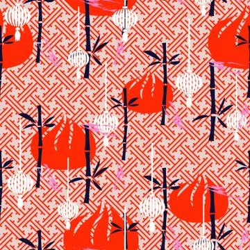 Dim sum, lantern and bamboo simple seamless vector pattern. Stock Illustration