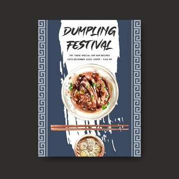Dim sum poster design with braised pork, steamed bun watercolor illustration. Stock Illustration