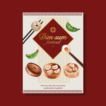 Dim sum poster design with dumpling, steamed bun watercolor illustration. Stock Illustration