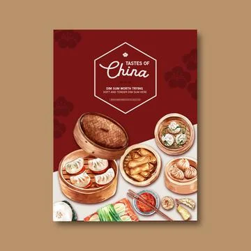 Dim sum poster design with spring roll watercolor illustration. Stock Illustration