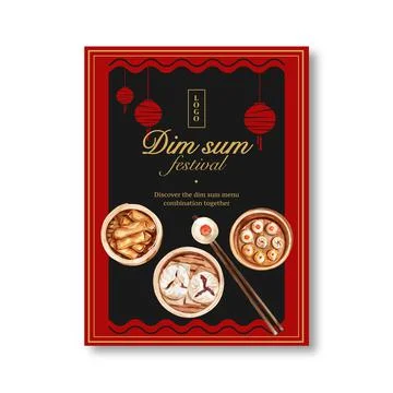 Dim sum poster design with steamed bun, spring roll watercolor illustration. Stock Illustration