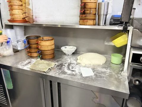 Dim Sum Preparation Station in a Kitchen Stock Photos
