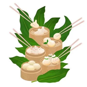 Dim Sum steamed dumplings set. Vector illustration of dim sum, baozi, mantou, Stock Illustration