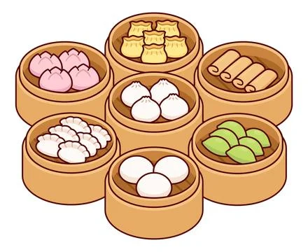 Dim sum in steamer basket drawing set Stock Illustration