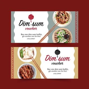 Dim sum voucher design with braised pork, dumpling watercolor illustration. Stock Illustration