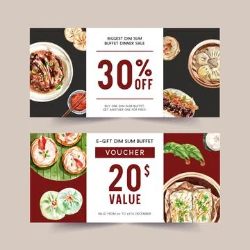 Dim sum voucher design with dumpling, braised pork watercolor illustration. Stock Illustration