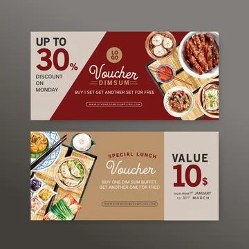 Dim sum voucher design with dumpling, braised pork watercolor illustration. Stock Illustration