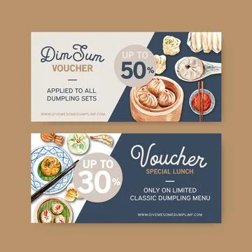 Dim sum voucher design with dumpling, steamed bun watercolor illustration. Stock Illustration