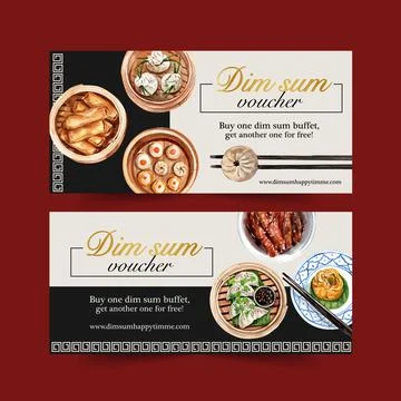 Dim sum voucher design with dumpling, spring roll watercolor illustration. Stock Illustration