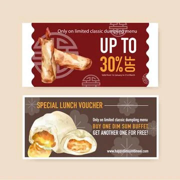 Dim sum voucher design with steamed bun, spring roll watercolor illustration. Stock Illustration