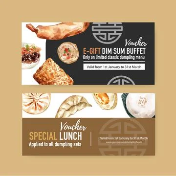 Dim sum voucher design with steamed bun, dumpling watercolor illustration. Stock Illustration