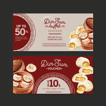 Dim sum voucher design with steamed bun watercolor illustration. Stock Illustration