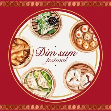 Dim sum wreath design with dumpling, spring roll watercolor illustration. Stock Illustration