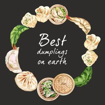 Dim sum wreath design with dumpling watercolor illustration. Stock Illustration