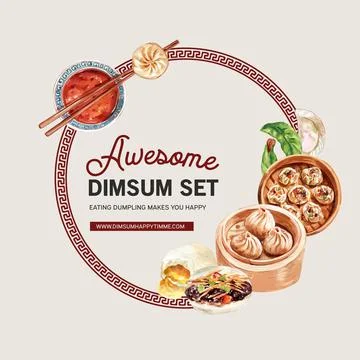 Dim sum wreath design with dumpling, steamed bun watercolor illustration. Stock Illustration