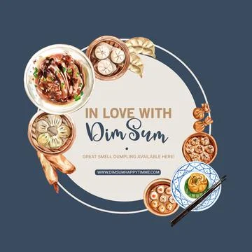 Dim sum wreath design with dumpling, steamed bun watercolor illustration. Stock Illustration