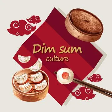 Dim sum wreath design with dumpling, tofu watercolor illustration. Stock Illustration